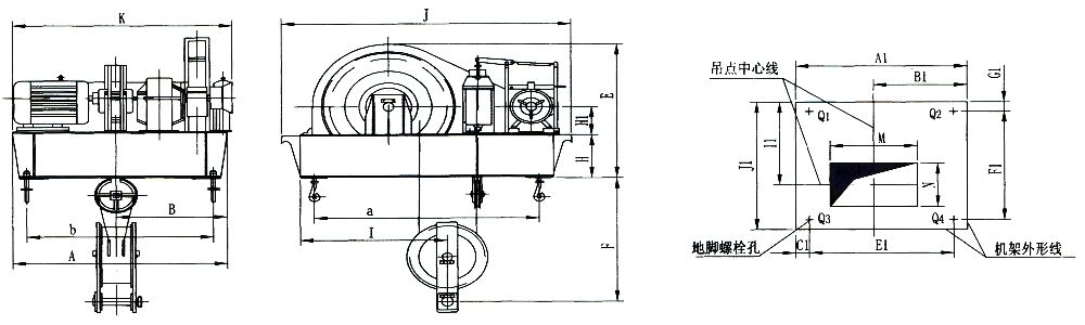 QPK1×50KN-QPK1×250KN系列卷扬式双吊点启闭机外形及基础布置示意图