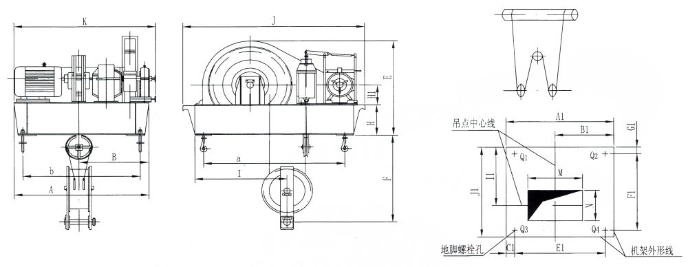 点击查看大图 QP1×50KN-QP1×250KN系列卷扬式单吊点启闭机外形及基础布置示意图