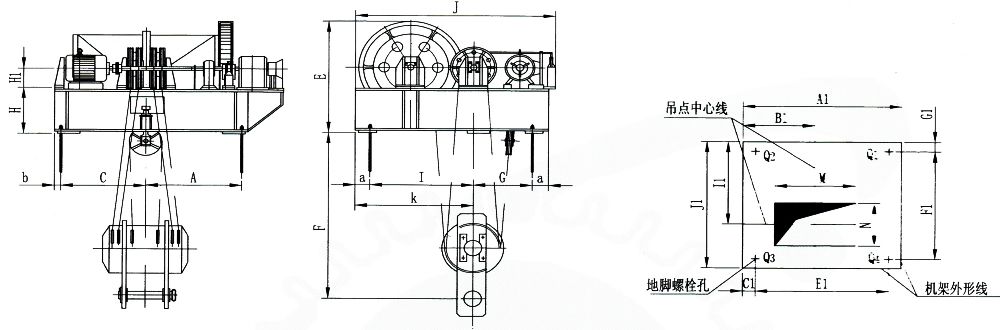 QPK1×400KN-QPK1×1250KN系列卷扬式双吊点启闭机外形及基础布置示意图