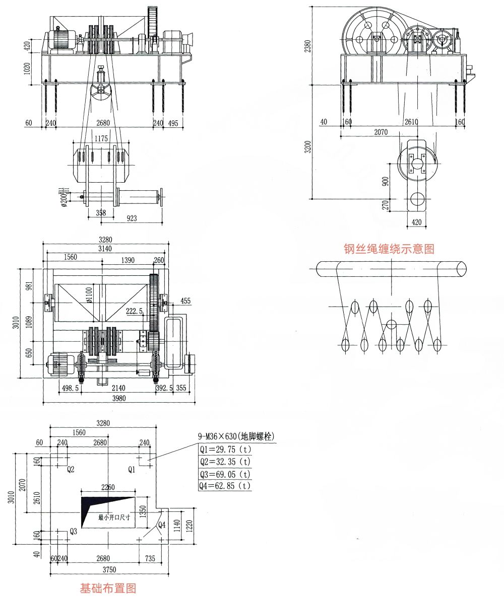 QPK2×1600KN快速卷扬式双吊点启闭机外形及基础布置示意图