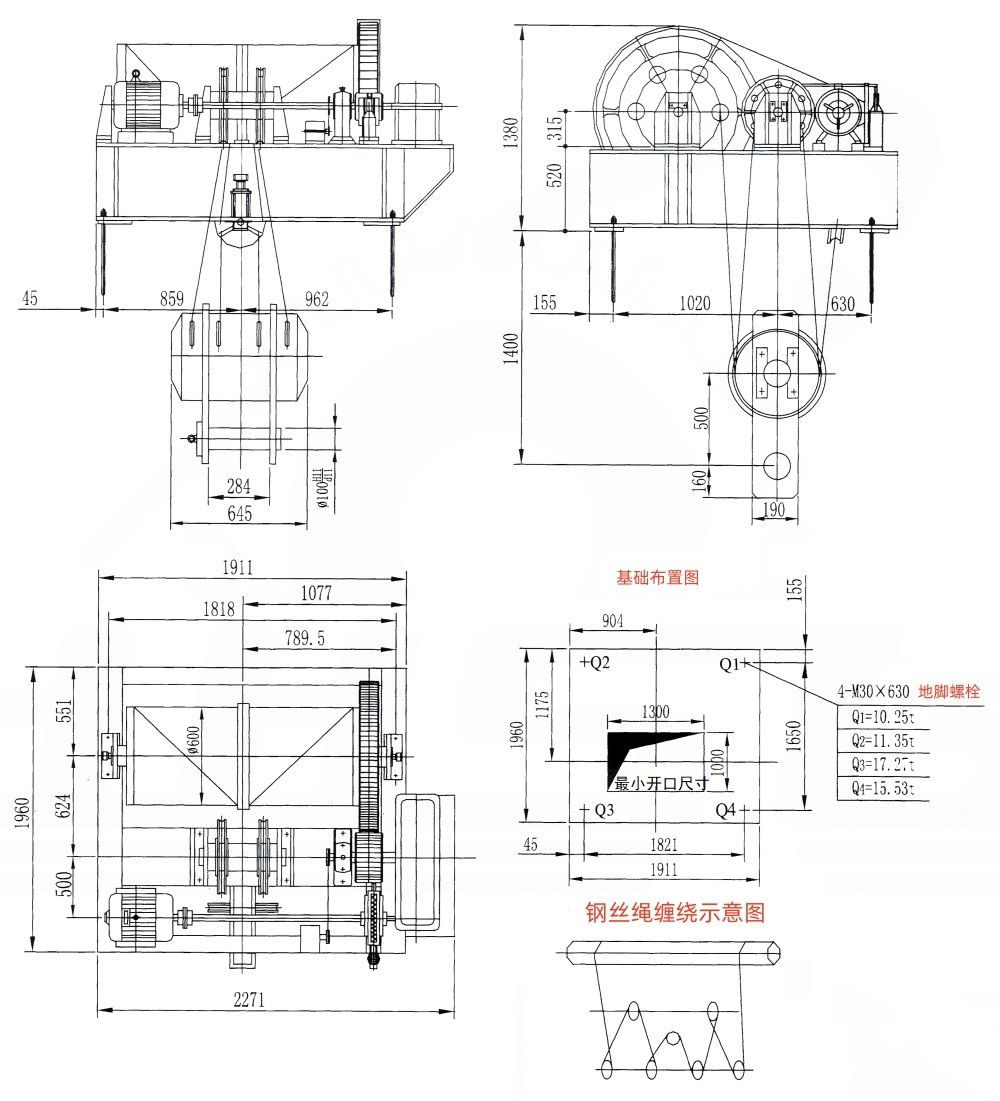 点击查看大图 QP1×400KN型卷扬式单吊点启闭机外形及基础布置示意图