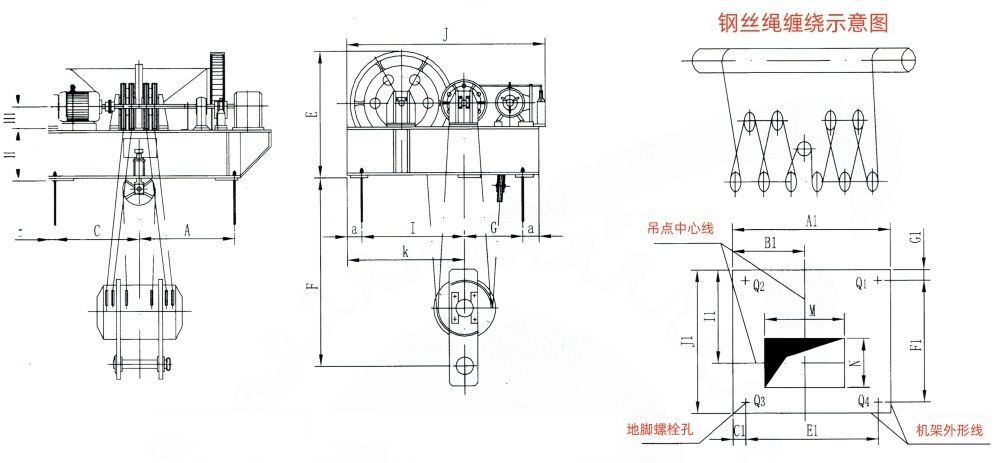 点击查看大图 QP1×630KN-QP1×1250KN系列卷扬式单吊点启闭机外形及基础布置示意图