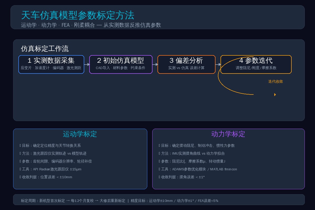 天车仿真模型参数标定方法工作流：实测数据采集→初始仿真模型→偏差分析→参数迭代收敛
