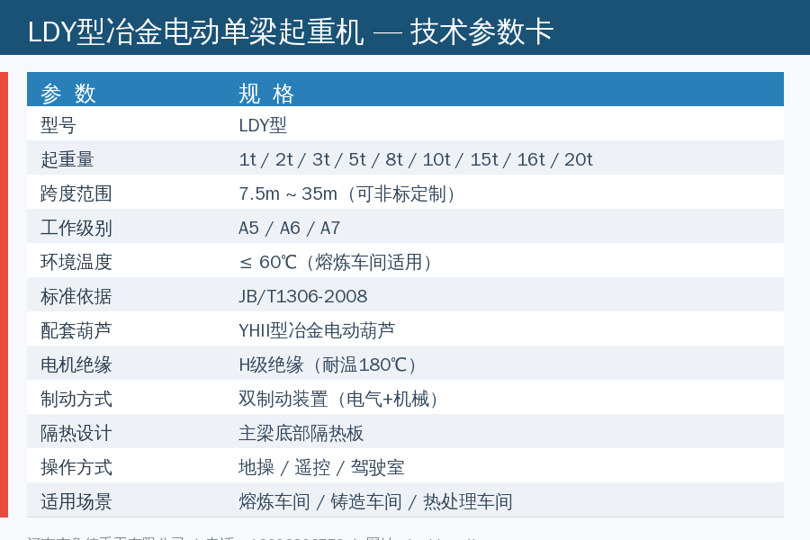 LDY型冶金电动单梁起重机技术参数卡